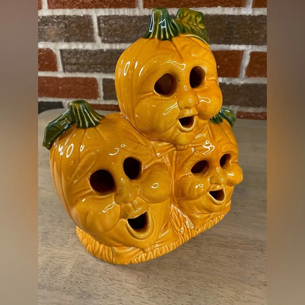 VTG Halloween Ceramic Light Up Pumpkin Patch Jack O Lantern 8 x 7